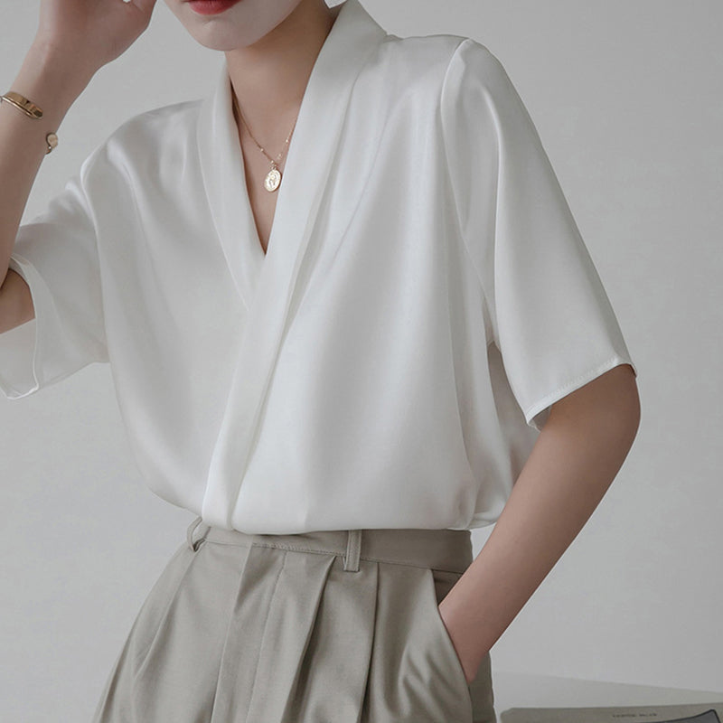 Light Steel Surplice Neck Ruched White Blouse