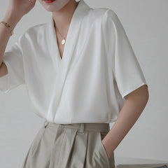 Light Steel Surplice Neck Ruched White Blouse