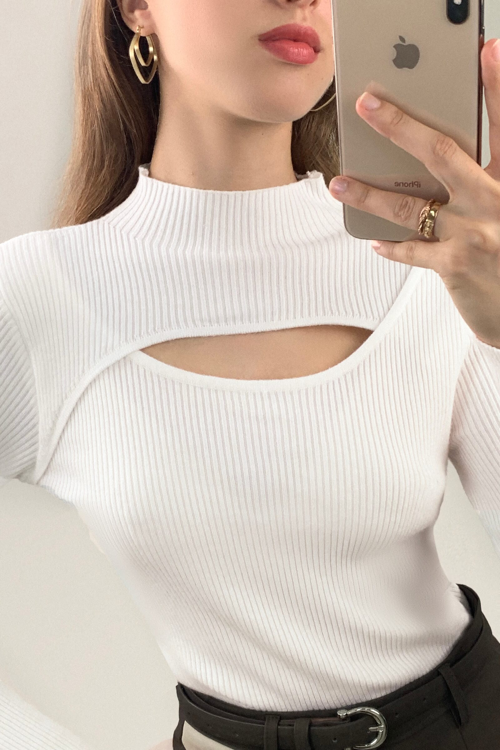 White Mock Neck Front Cut Out Ribbed Knit Sweater