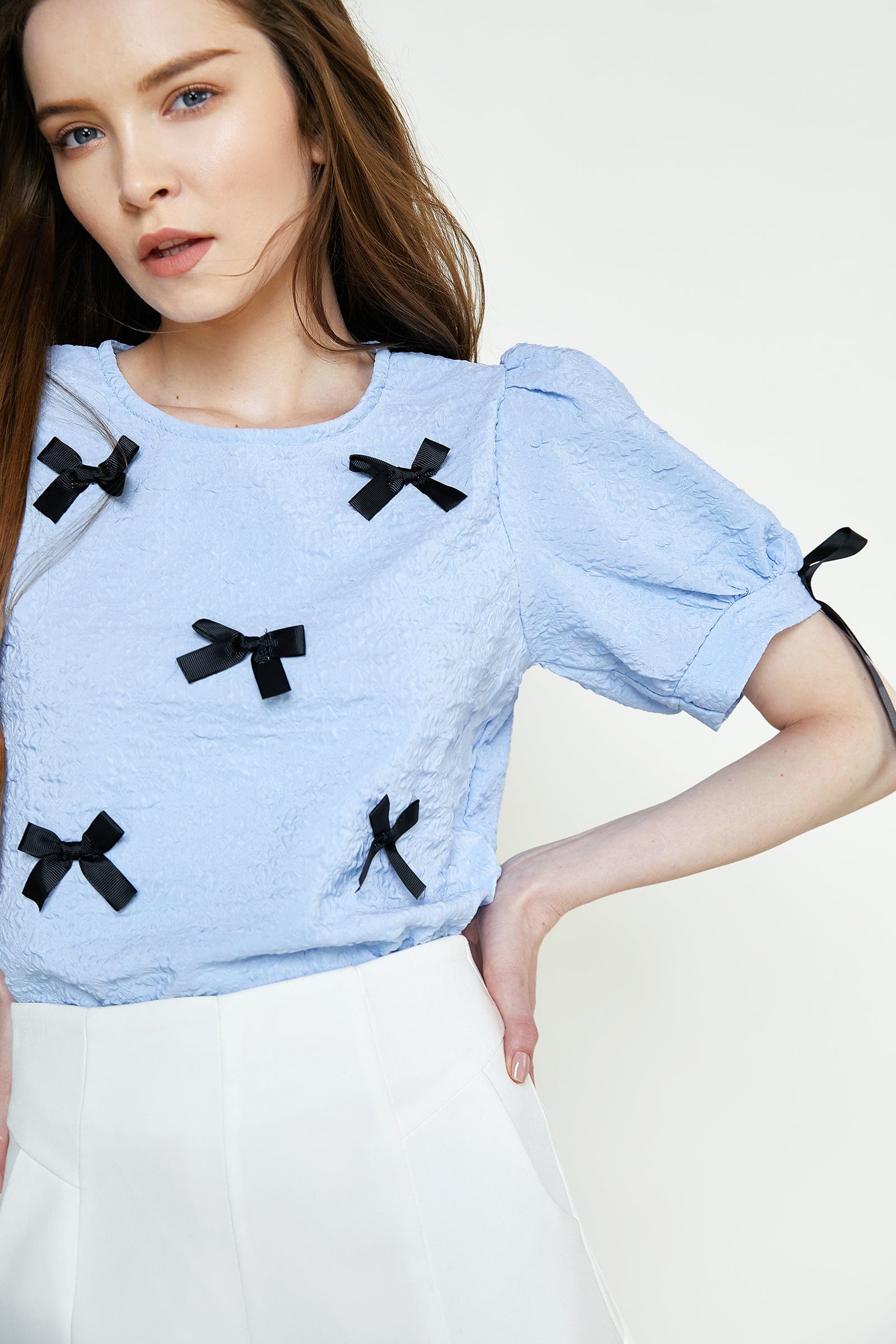 Cornflower Blue Textured Bowknot Decor Puff Sleeve Blouse