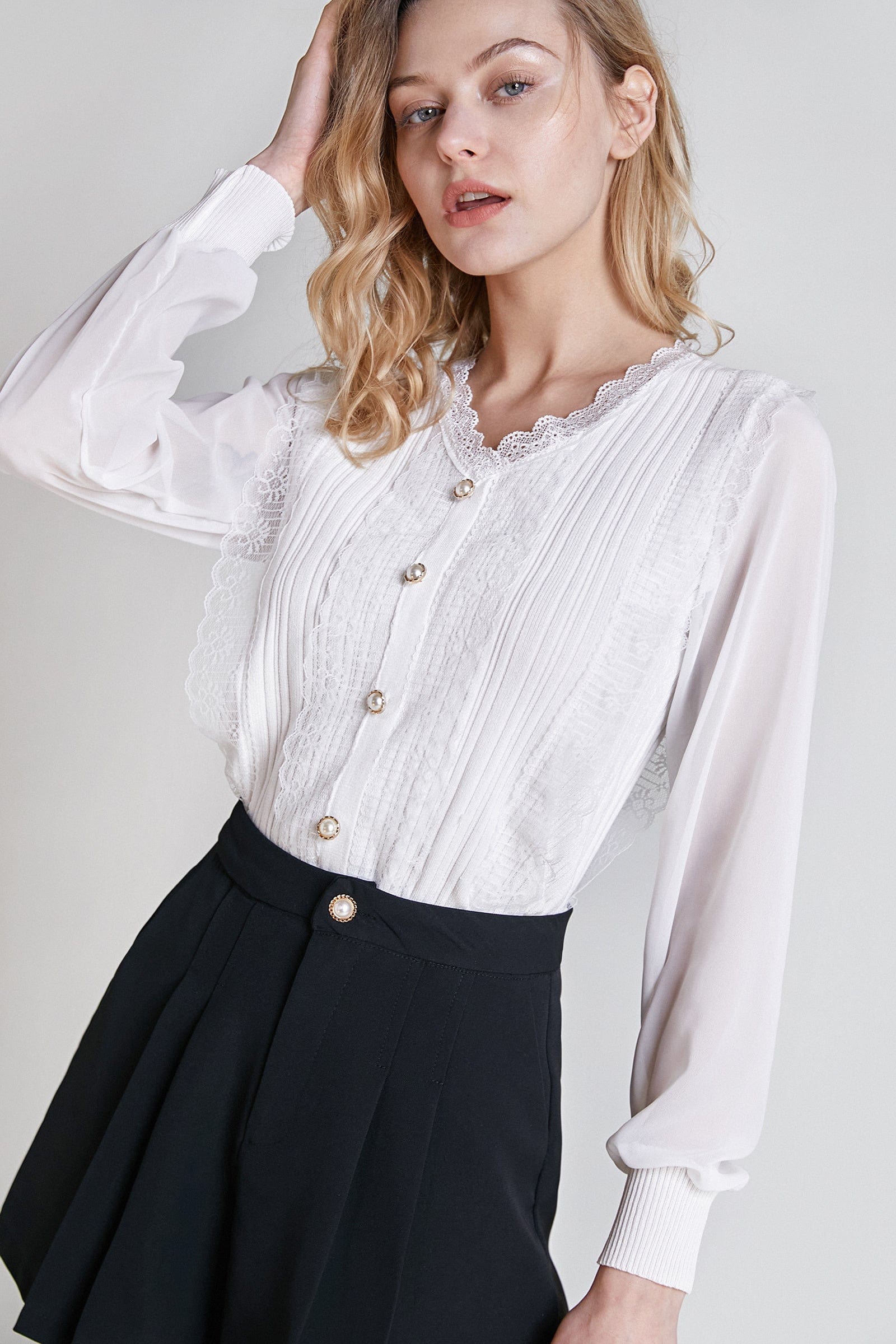 White Lace Detail Mesh Knit Blouse