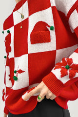 Red Cherry Prints Crew Neck Checkerboard Christmas