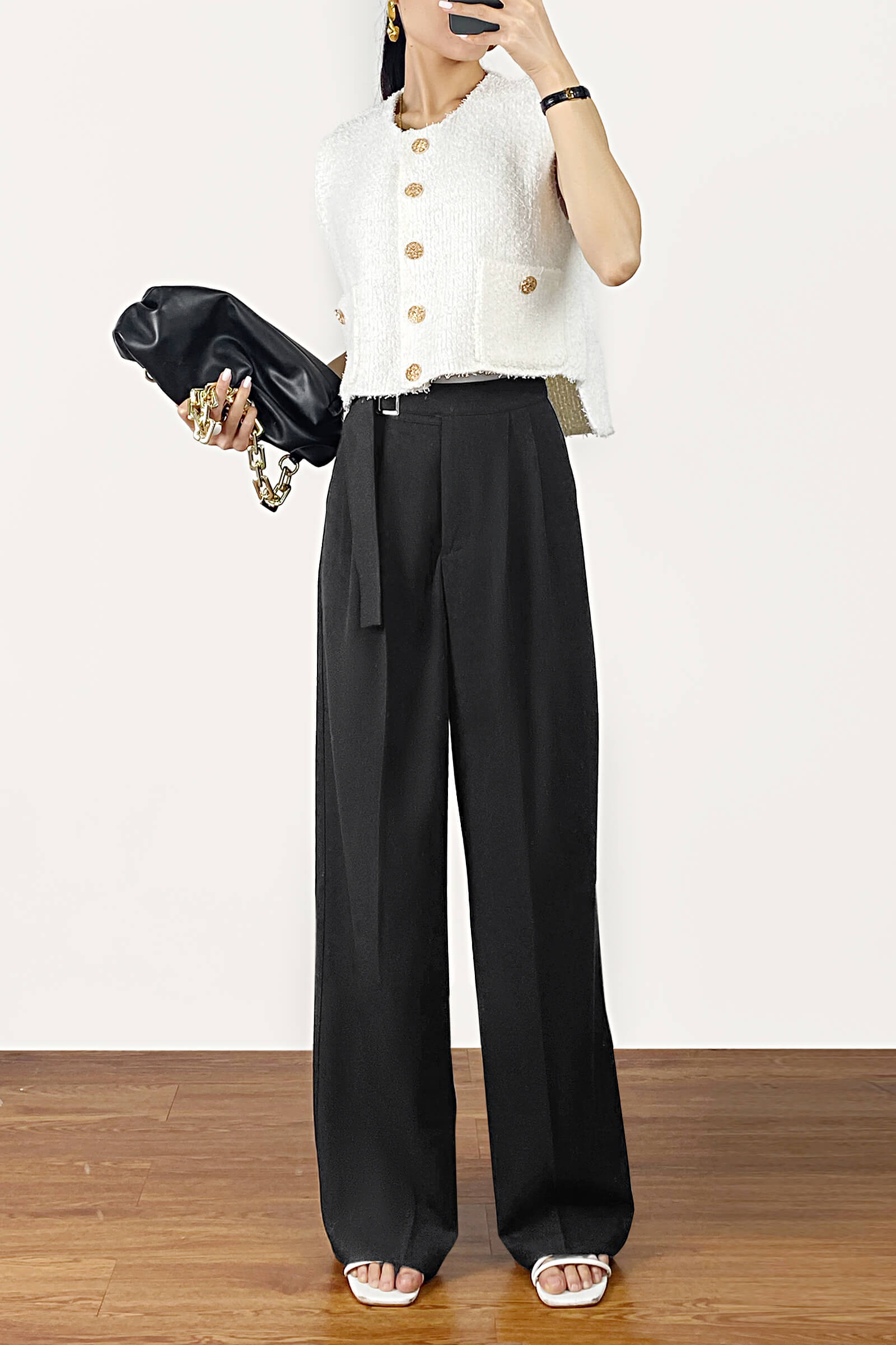 White Pocket Detail Gold Button Cropped Knitted Vest