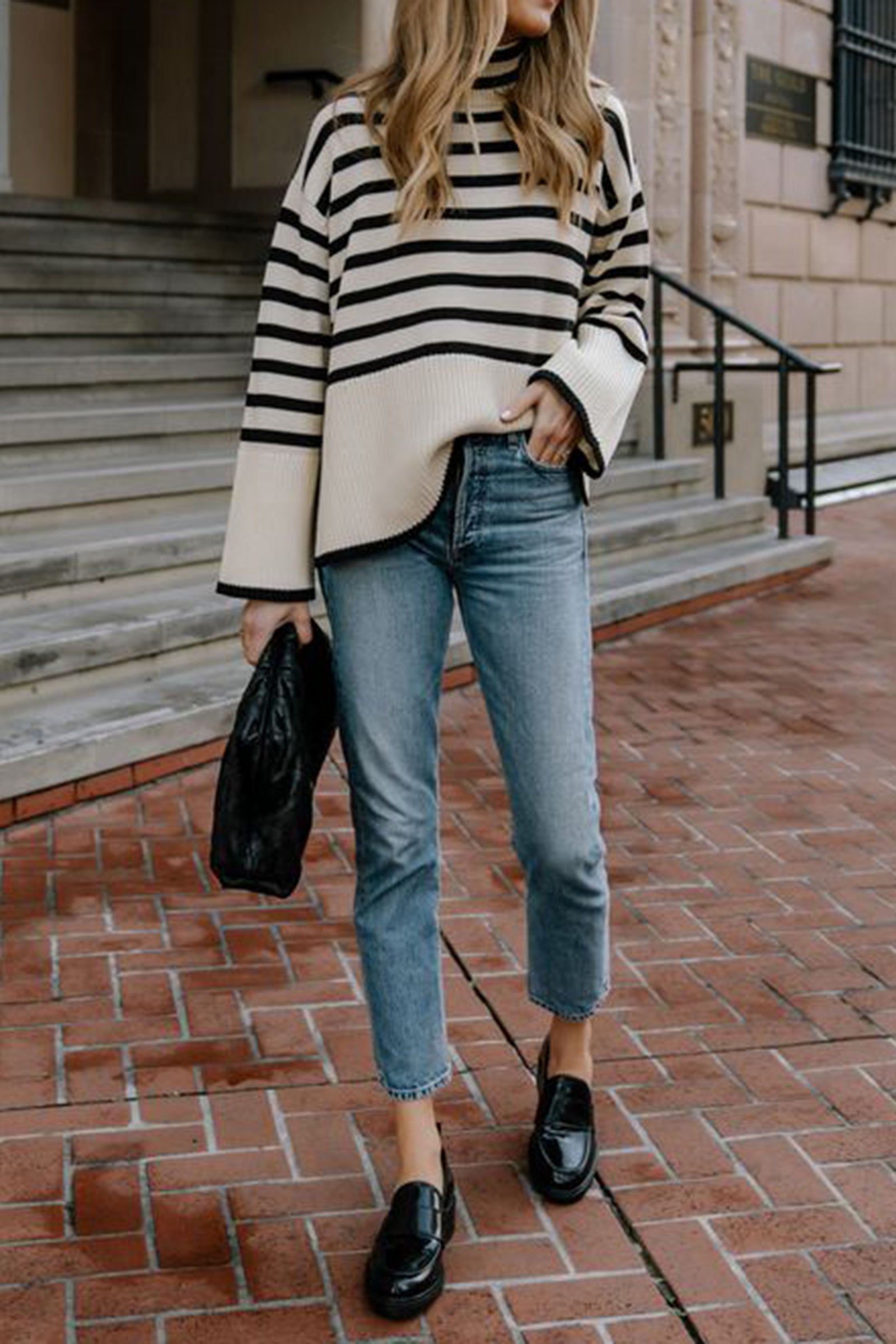White Roll Neck Striped Ribbed Pullover Sweater