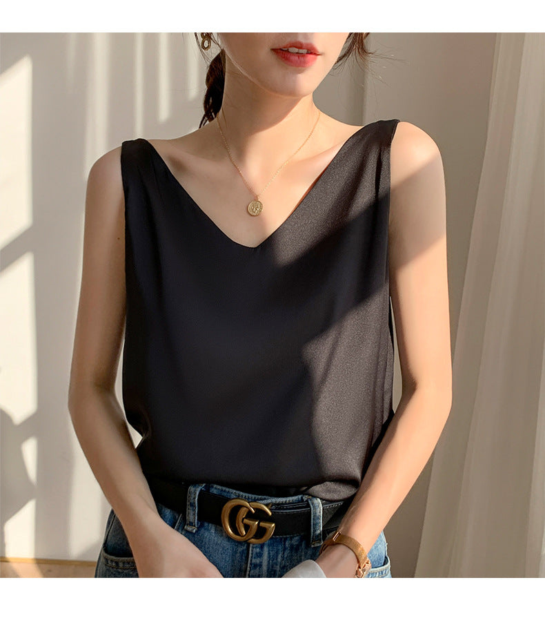 Black V-Neck Vest Bottomed Top Pure Cotton
