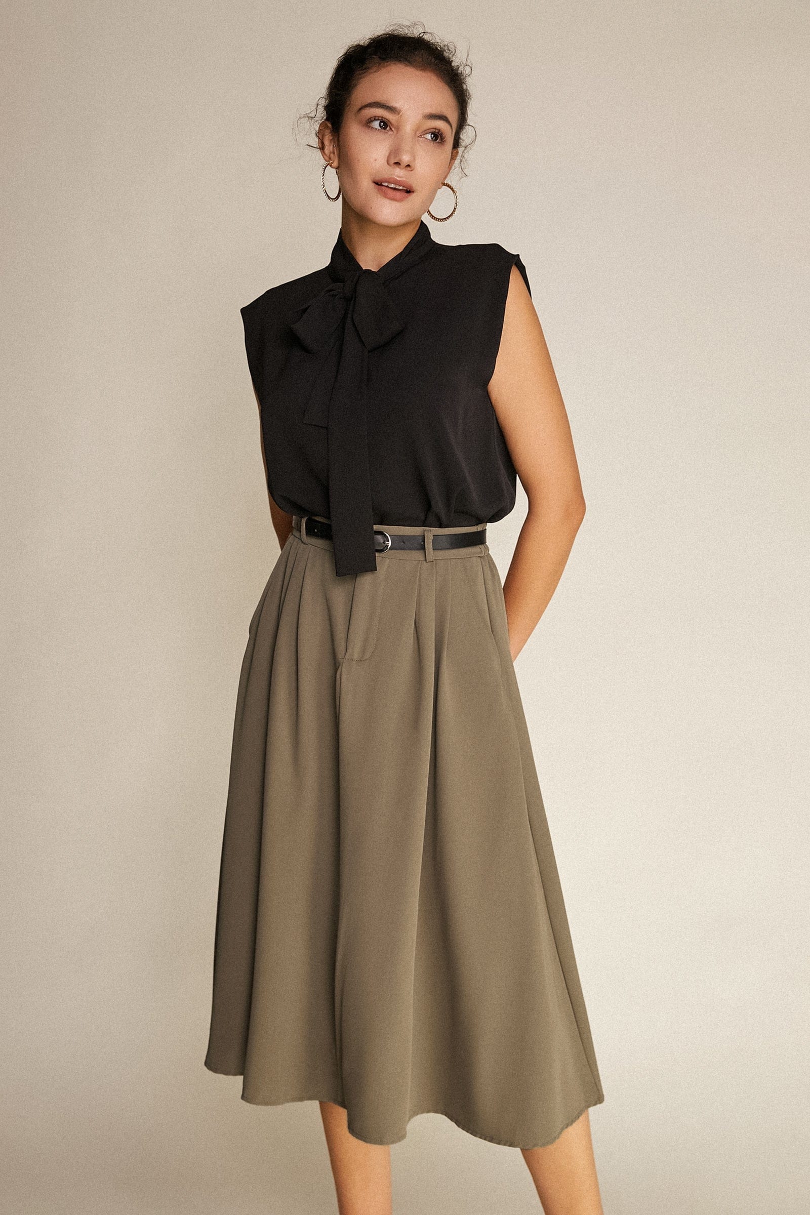 Tan Belted Pleat Detail Midi Skirt
