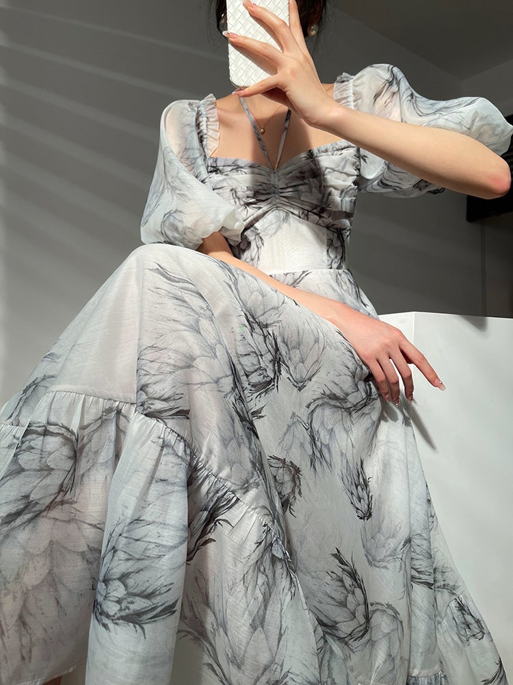 Ink-Qrint Maxi Dress With Nipped-In Waist