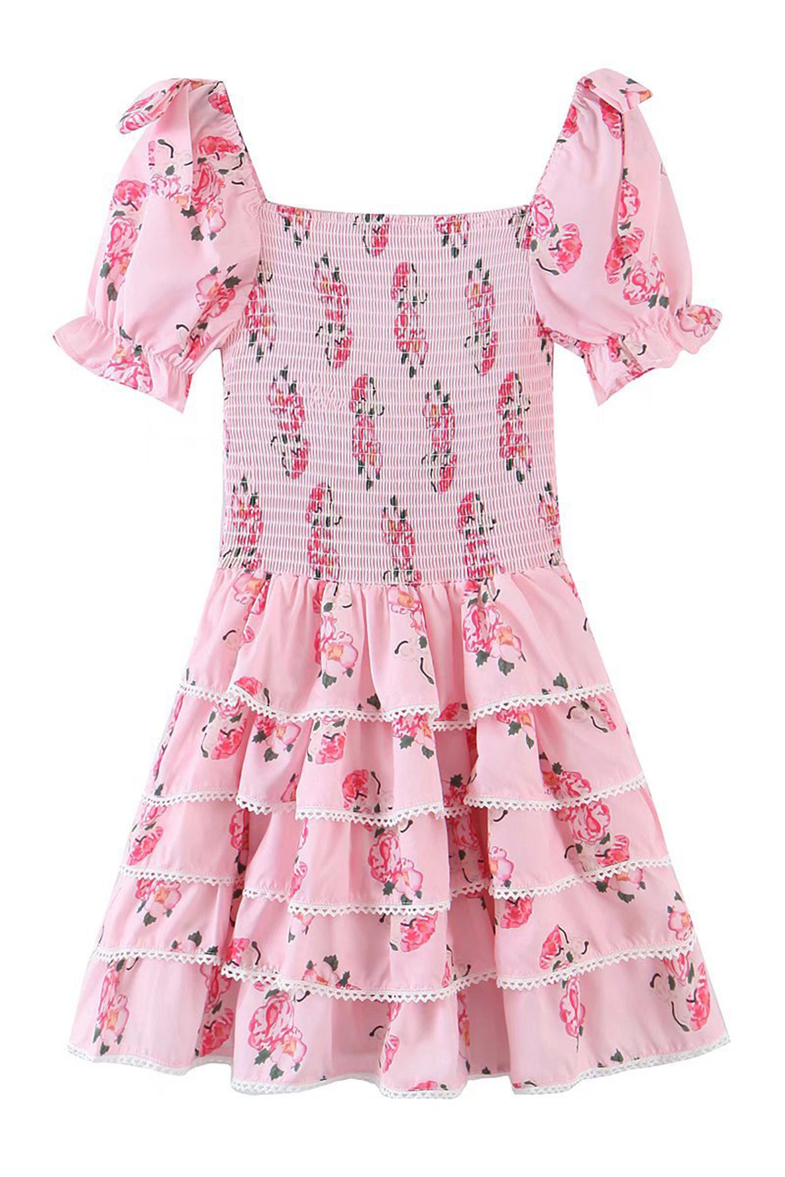 Pink Floral Print Bow-Tie Tiered Mini Dress