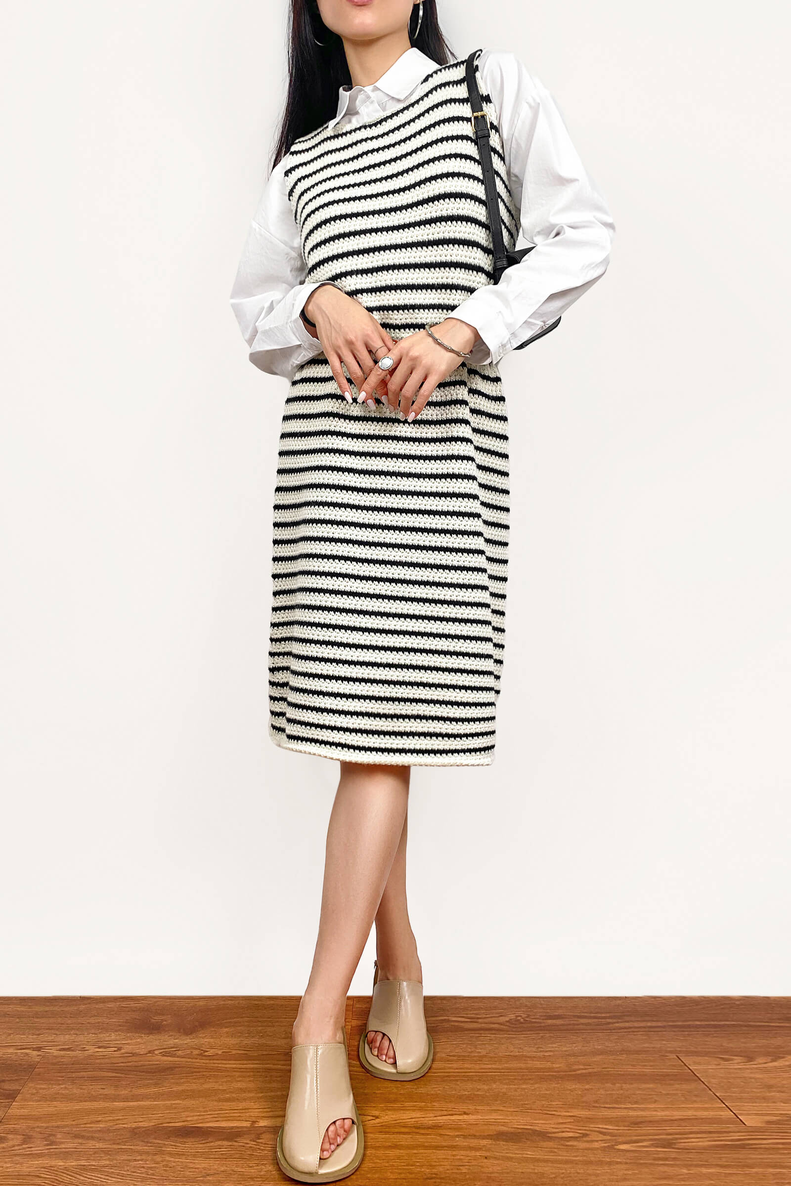 Ivory Striped Sleeveless Knit Midi Dress