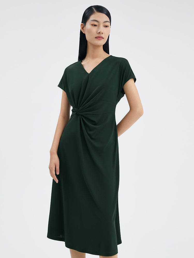 Asymmetrical Pleated Gathered Waist Midi Dress