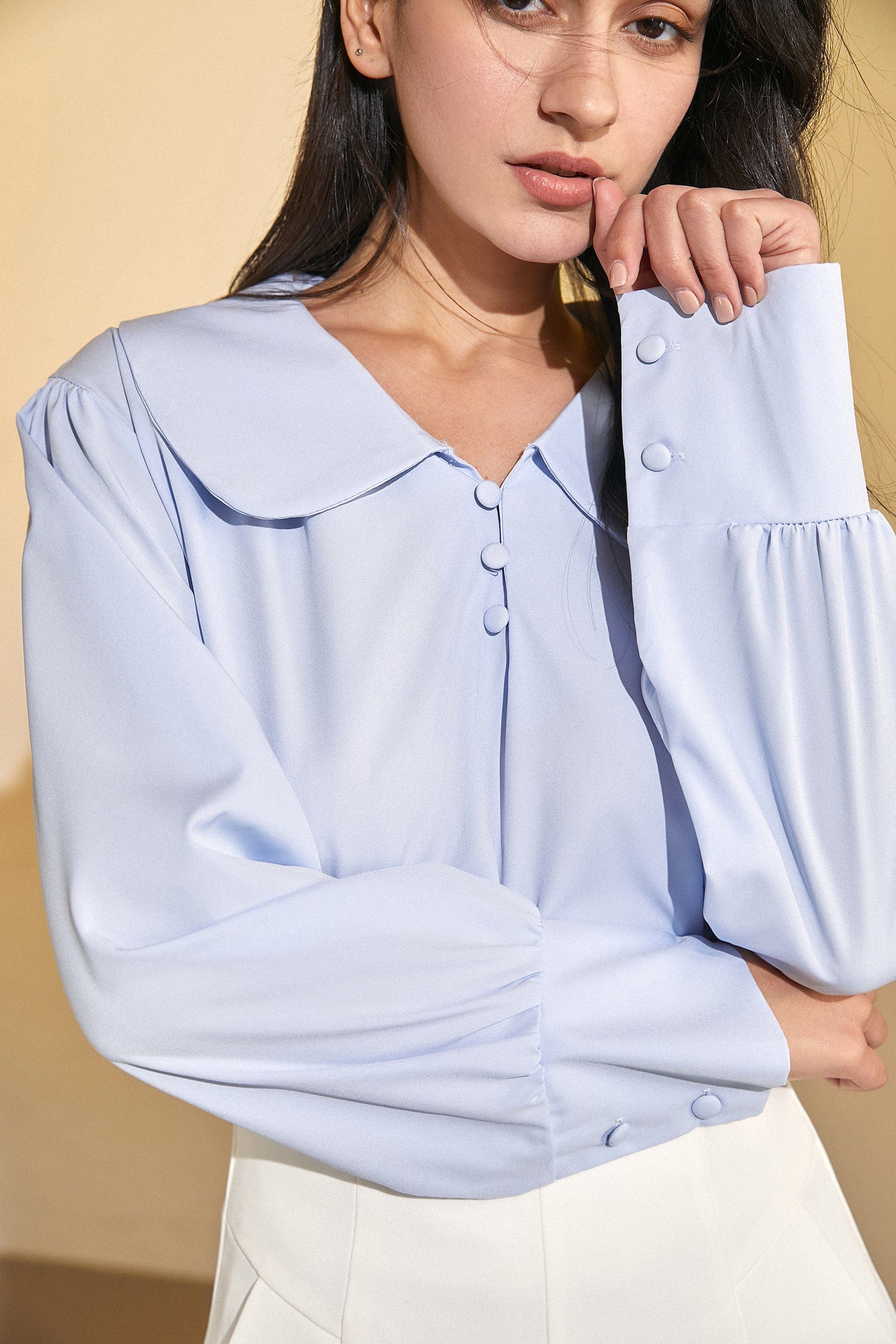 Light Steel Blue Doll Collar Chiffon Blouse