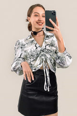 White Floral Print Ruched Drawstring Satin Blouse