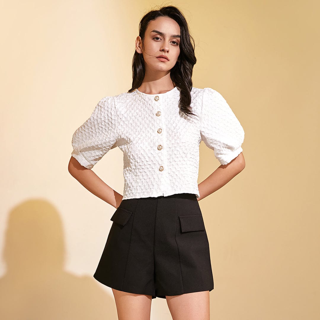 White Textured Puff Sleeve Blouse