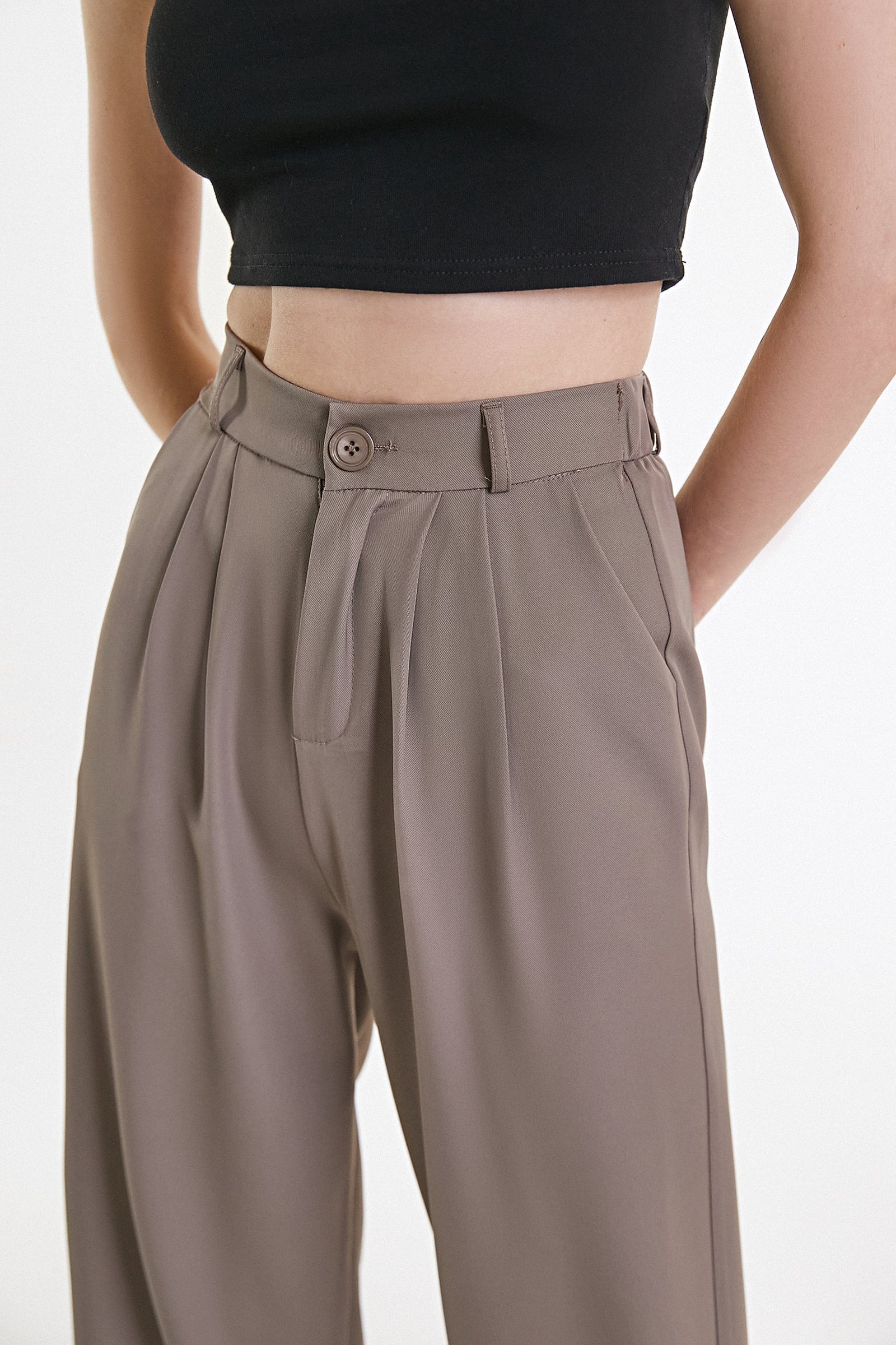 Tan Half Elastic Pleat Detail Wide Leg Suit Pants