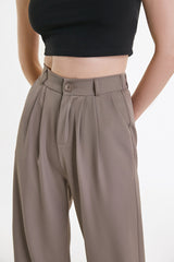 Tan Half Elastic Pleat Detail Wide Leg Suit Pants