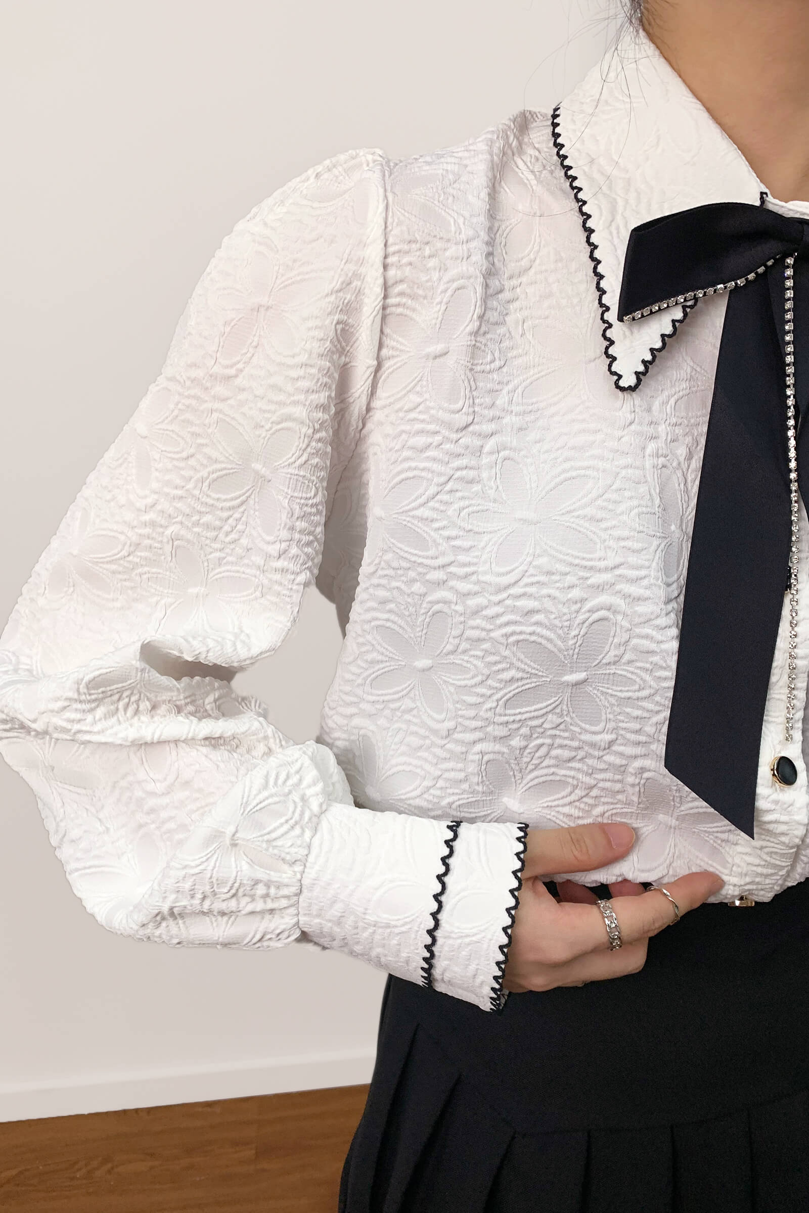 White Textured Bow Neck Balloon Sleeve Shirt