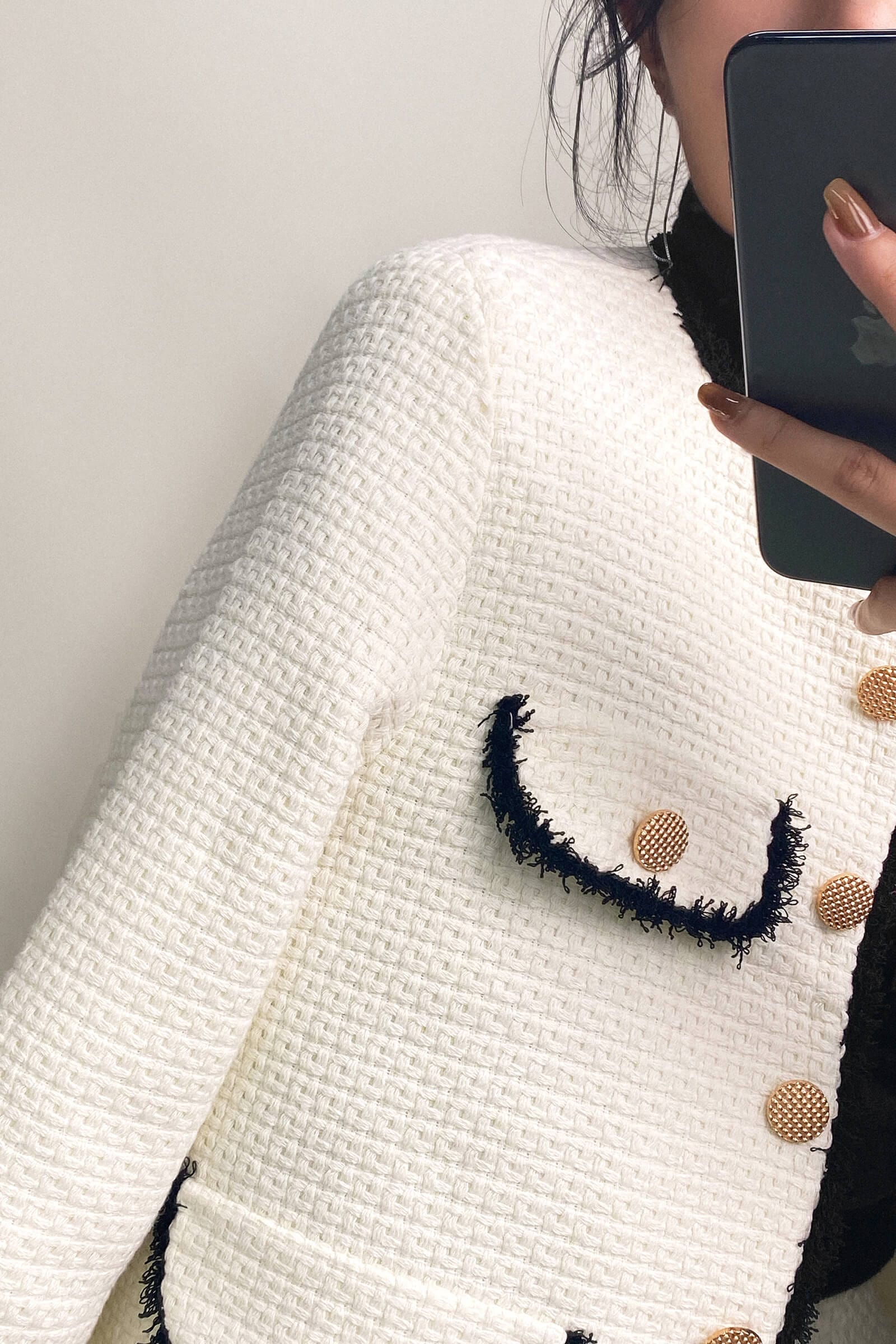 White Contrast Frayed Trim Tweed Jacket & Mini Skirt Two-Piece Set