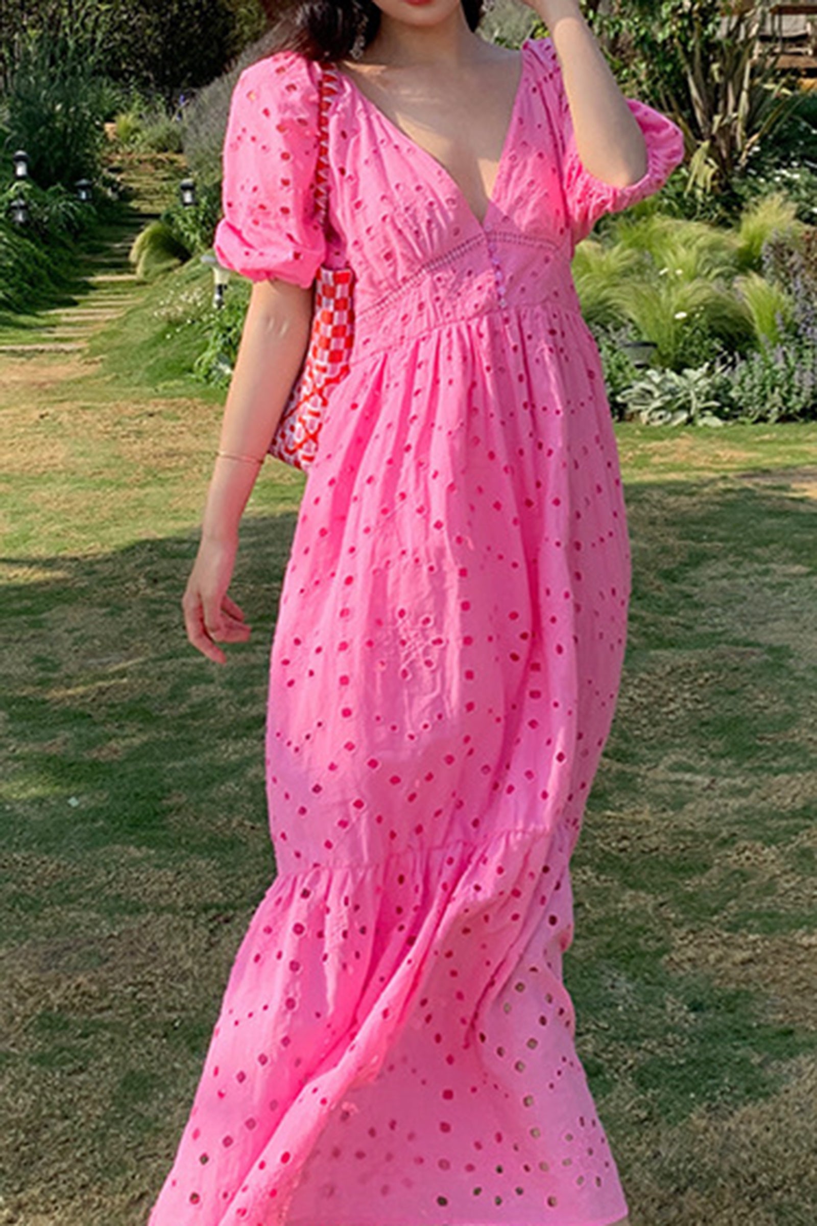Hot Pink V Neck Balloon Sleeve Eyelet Maxi Dress