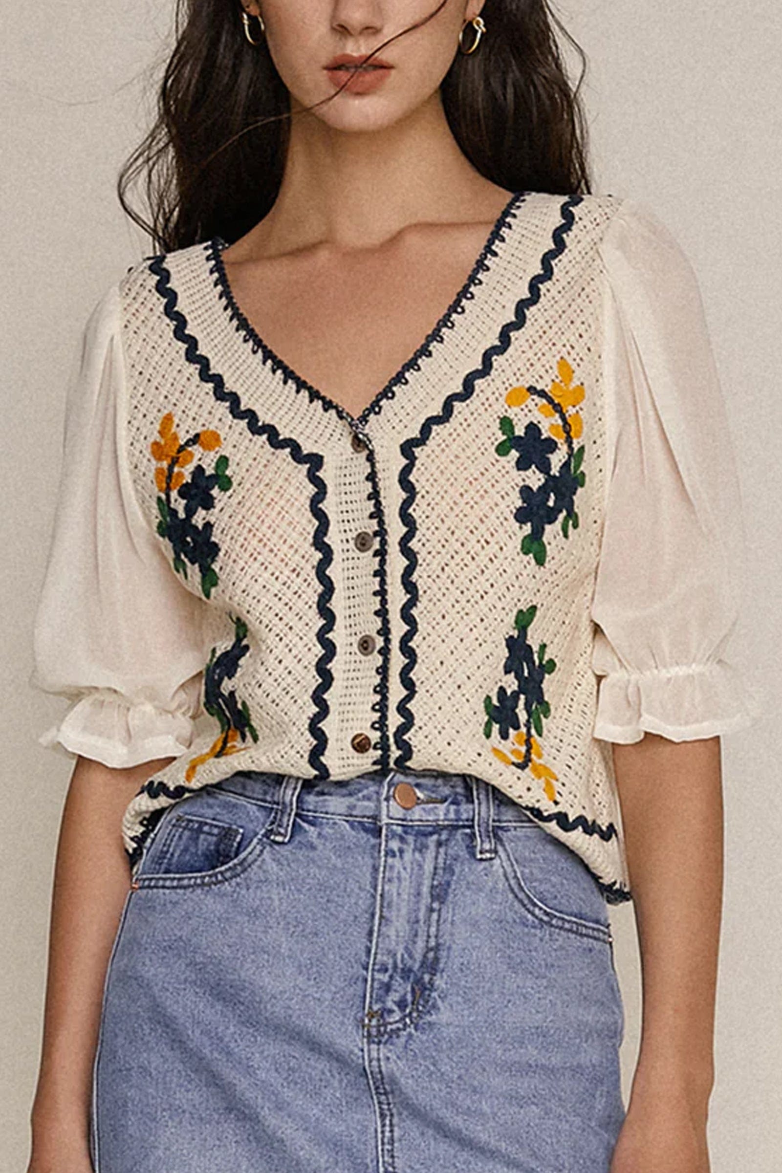 White Floral Embroidery Contrast Trim Cardigan