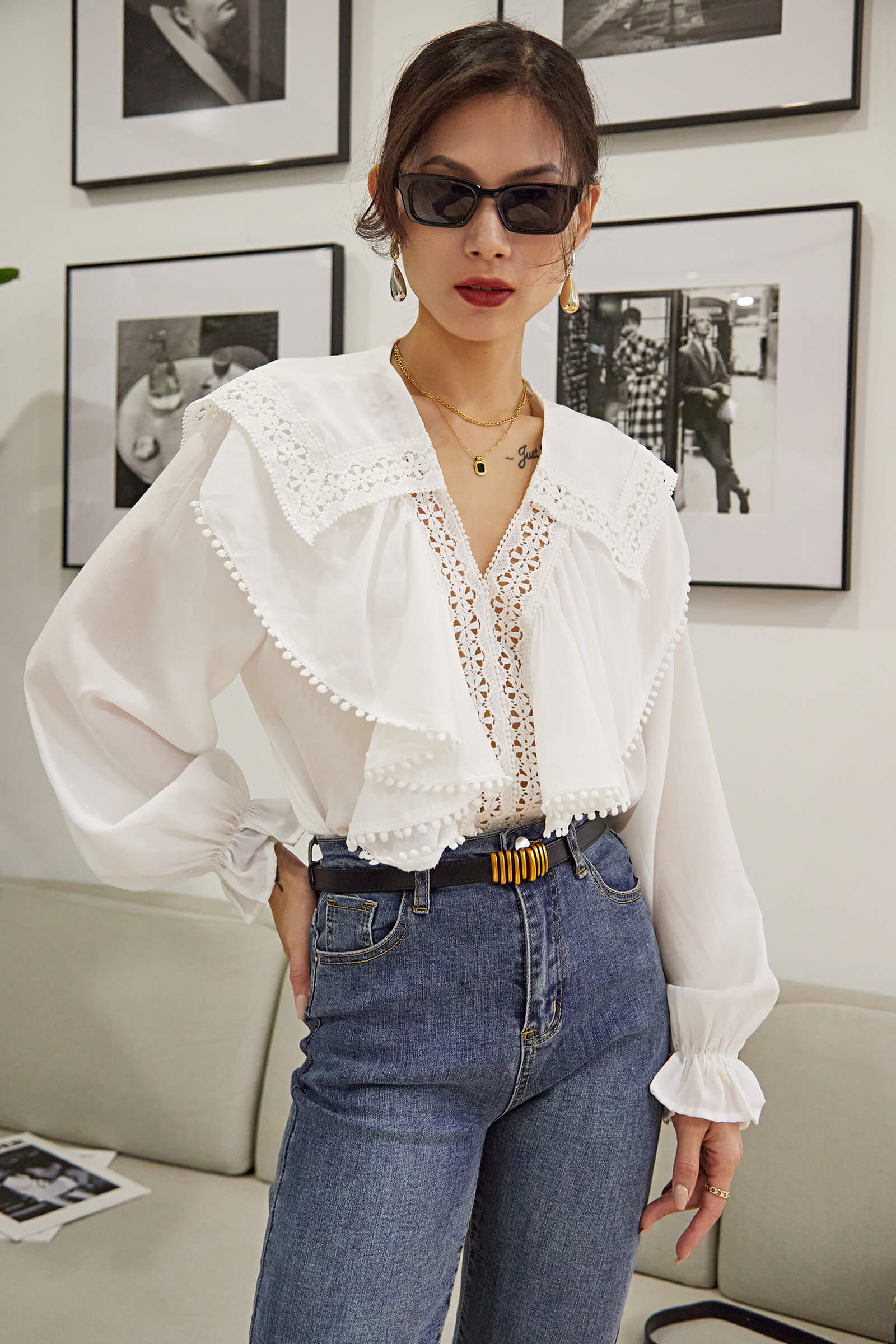 White Doll-Collar Bell Sleeve Blouse