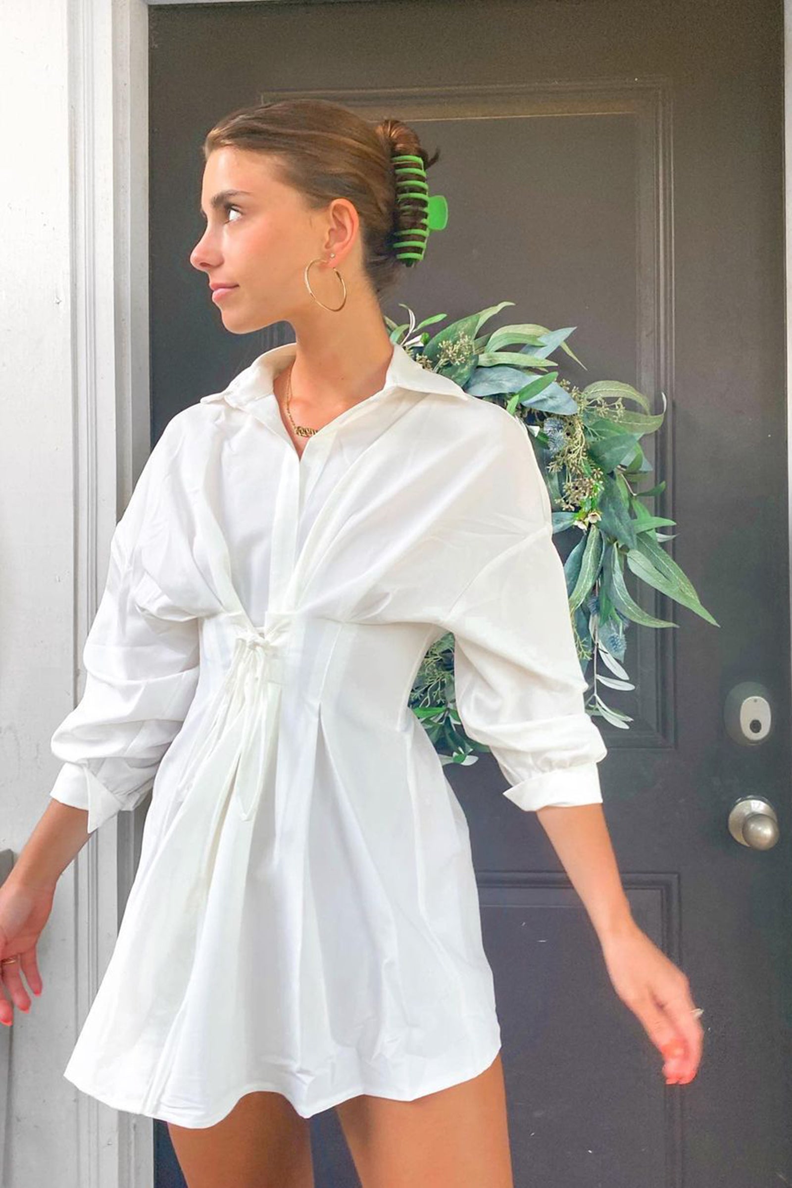 Adalie White Cinched Waist Shirt Dress