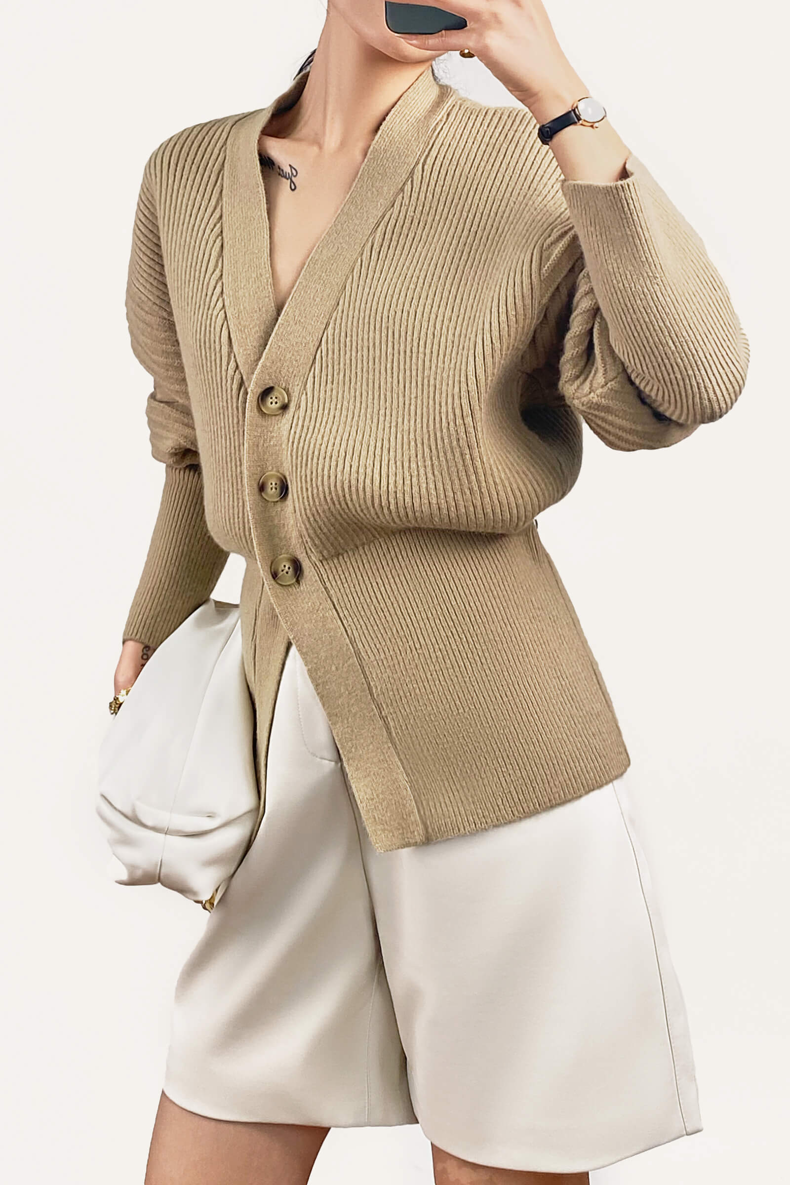 Tan Balloon Sleeve Ribbed Knit Cardigan