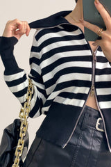 Black And White Striped Wool-Blend Collared Zip-Up Cardigan