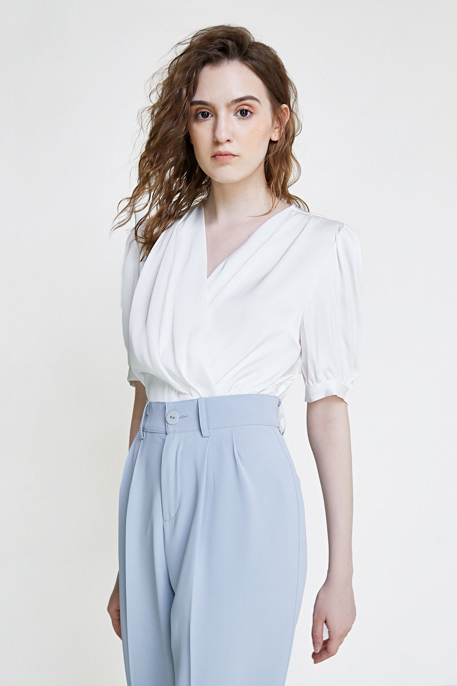 White Surplice Neck Ruched Blouse