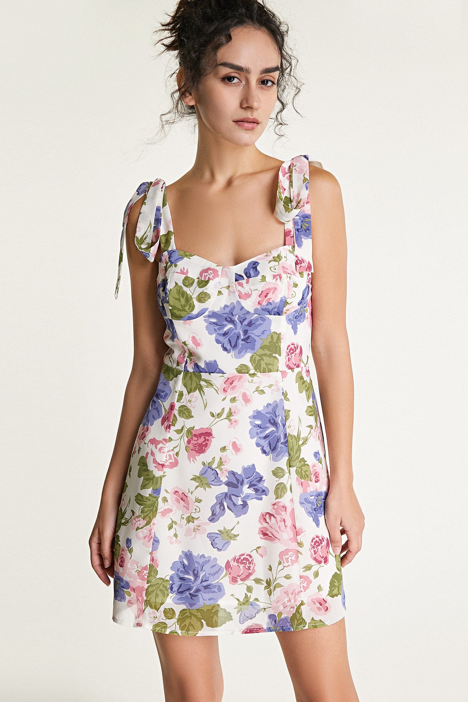 Multicolor Floral Print Tie Strap Mini Dress