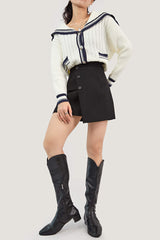 Ivory Sailor Collar Striped Trim Ribbed  Cardigan