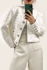 White Frayed Pocket Detail Round Neck Button-Up Tweed Jacket