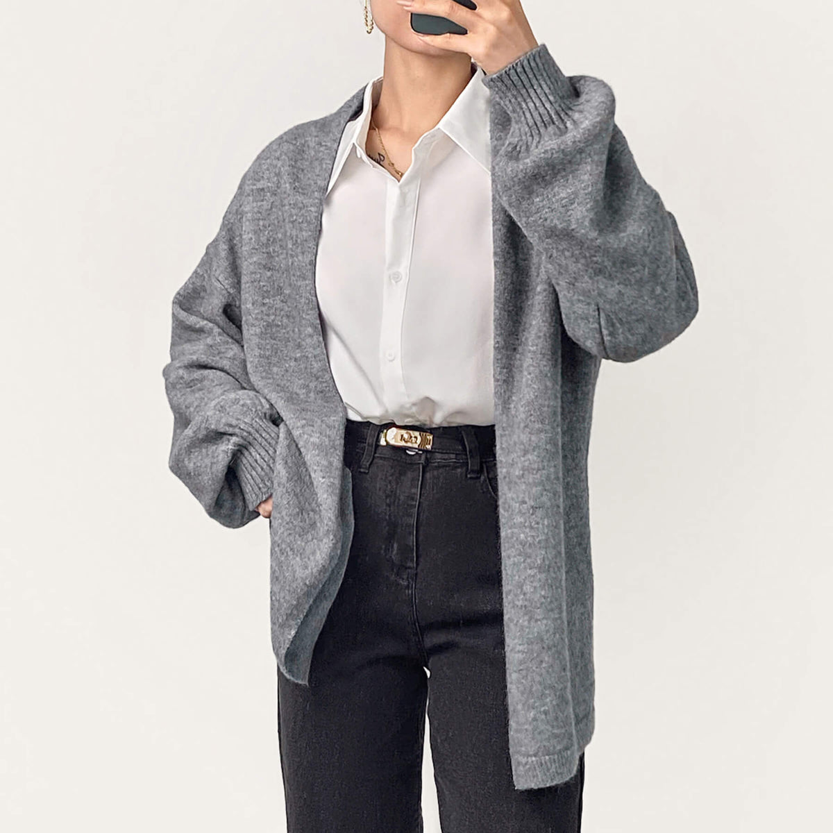 Light Grey Open Front Relaxed Fit Cardigan