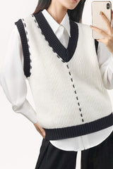 Ivory Color Block Contrast Stitch Ribbed Knit Sweater Vest