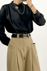 Black Mock Neck Ornamental Lantern Sleeve Blouse
