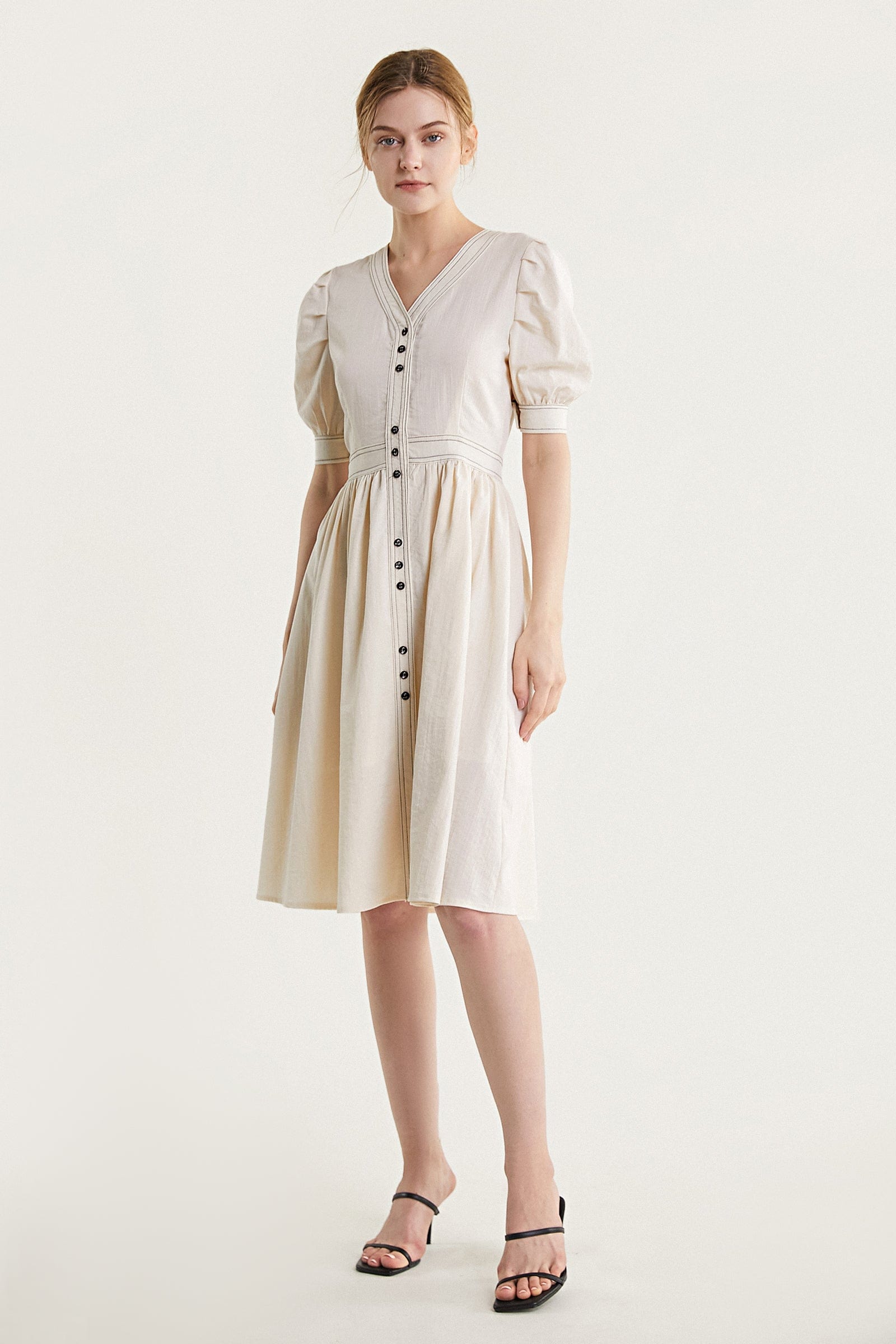Ivory Contrast Stitch Lantern Sleeve V-Neck Midi Dress