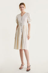 Ivory Contrast Stitch Lantern Sleeve V-Neck Midi Dress