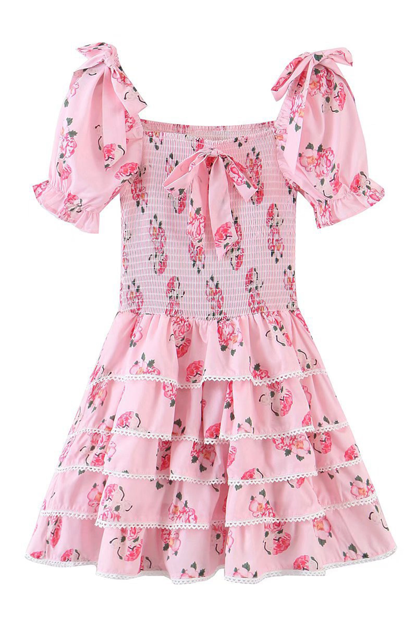 Pink Floral Print Bow-Tie Tiered Mini Dress