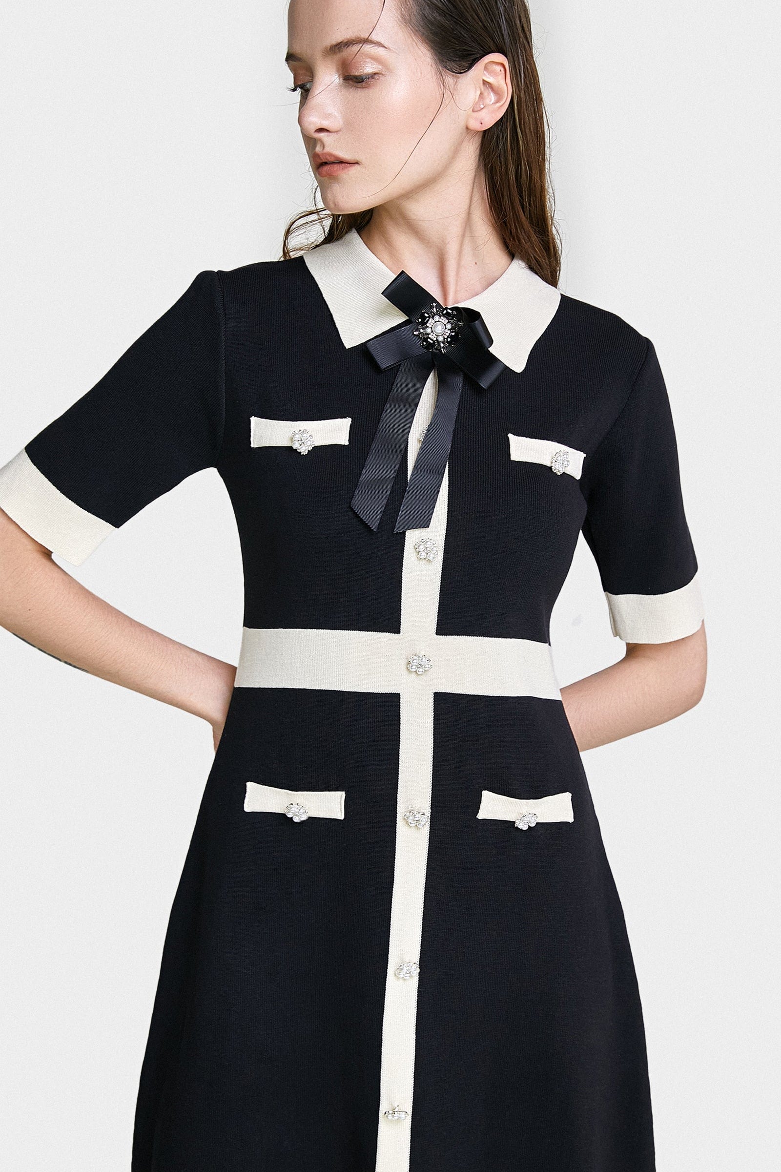 Black Contrast Trim Bow Brooch Knit Dress
