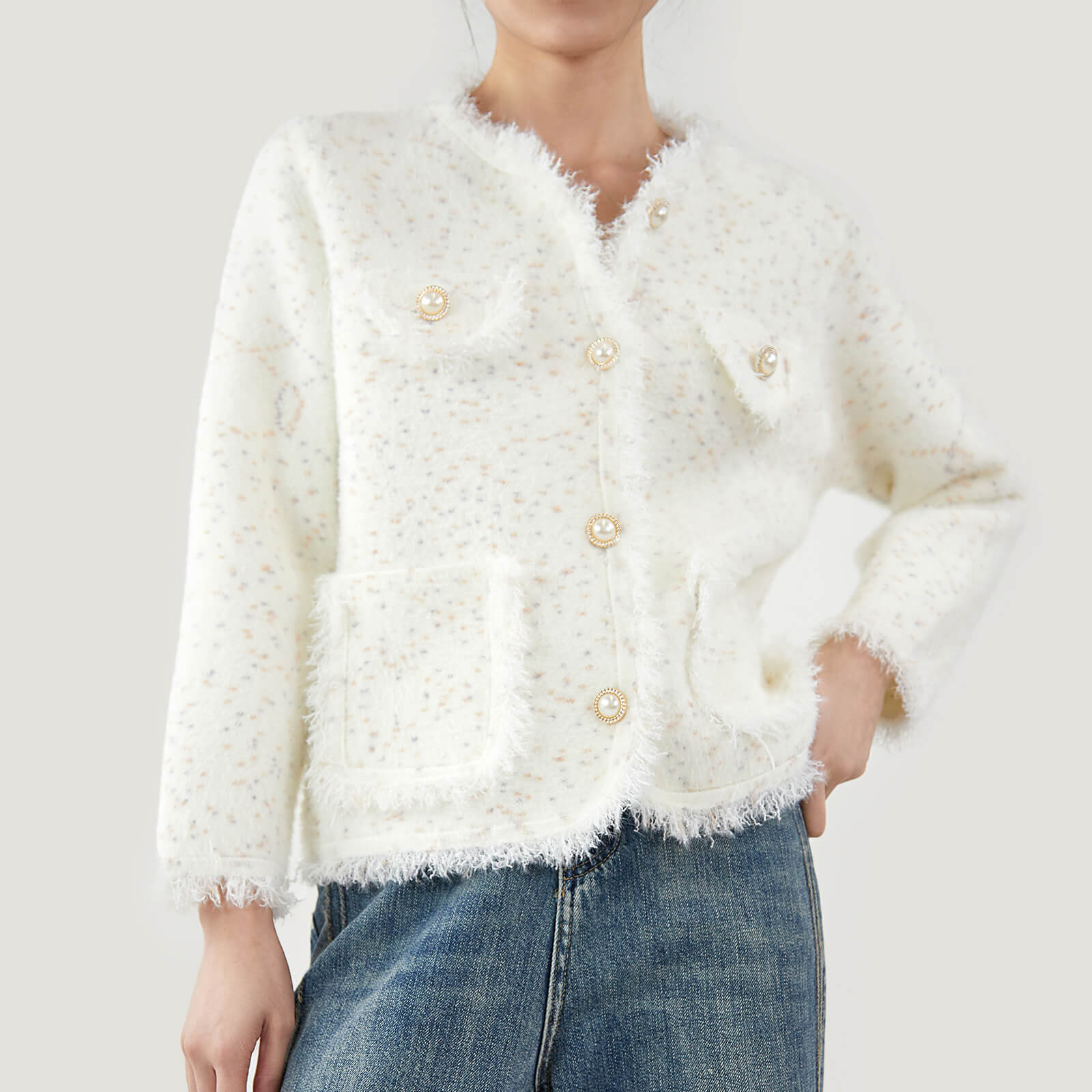 White Patched Pocket Frayed Trim Cardigan
