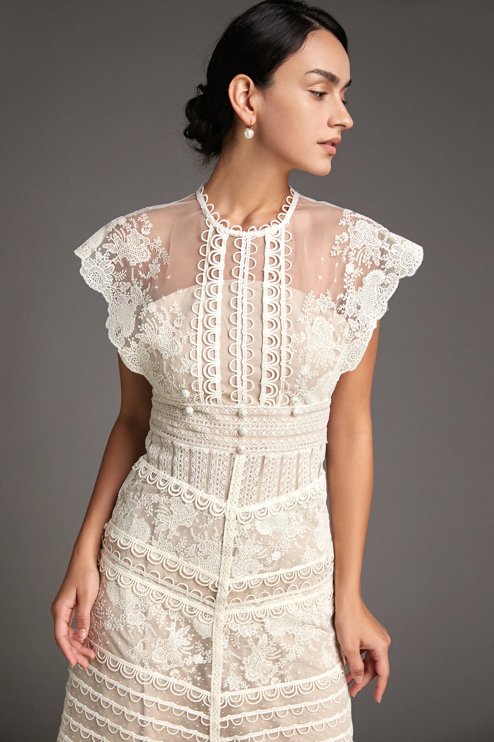 White Lace Scallop-Edge Cap Sleeve Midi Dress
