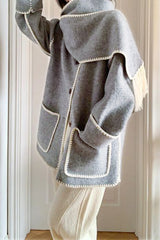 Light Steel Blue Contrast Drop Shoulder Wool-Blend Tweed Coat with Scarf