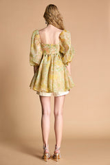 Lemon Chiffon Floral Print Puff Sleeve Babydoll Smock Mini Dress