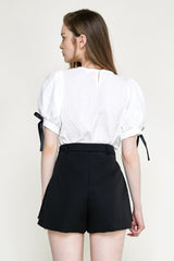 White Textured Bowknot Decor Puff Sleeve Blouse