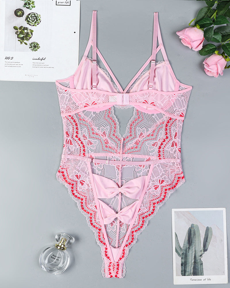Hip Bow Hollow Lace Contrast Color Bodysuit