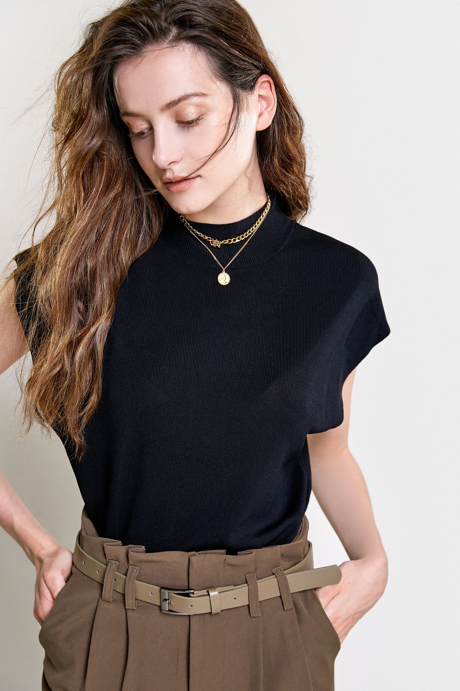 Black Rib-Knit Mock Neck Cap Sleeve Top