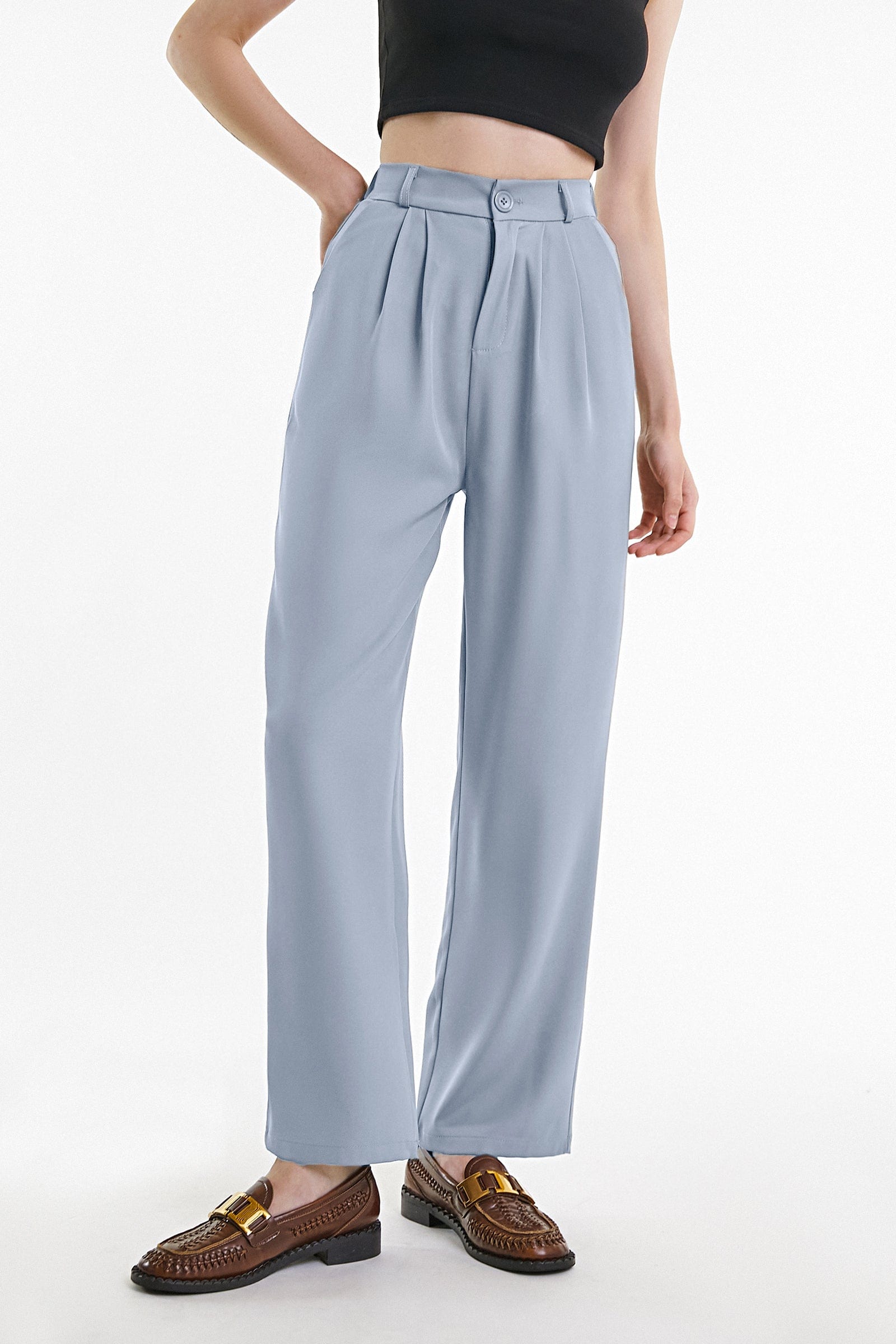 Light Steel Blue  Half Elastic Pleat Detail Wide Leg Suit Pants