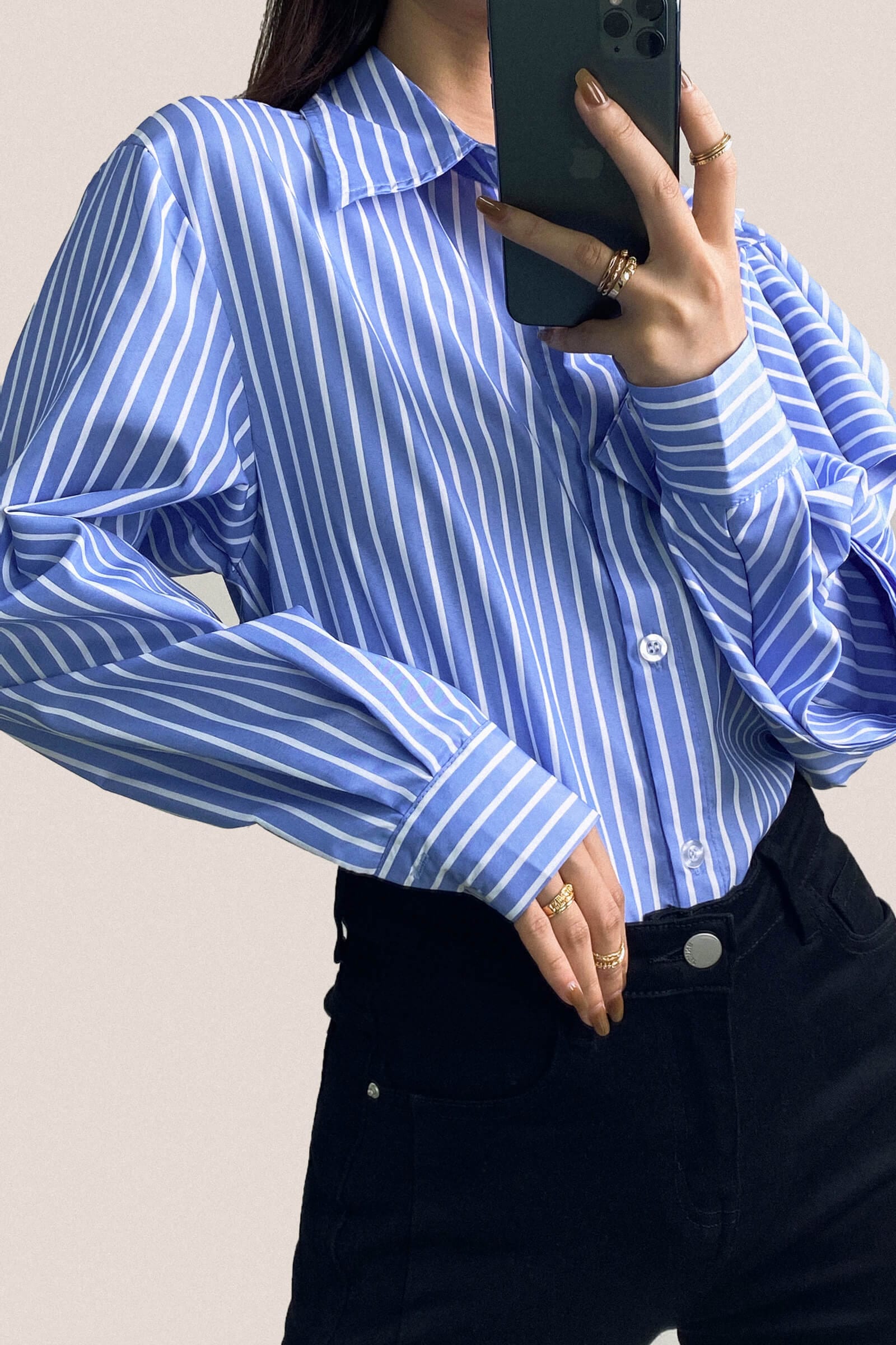 Cornflower Blue Striped Bow Detail Long Sleeve Button-Up Shirt