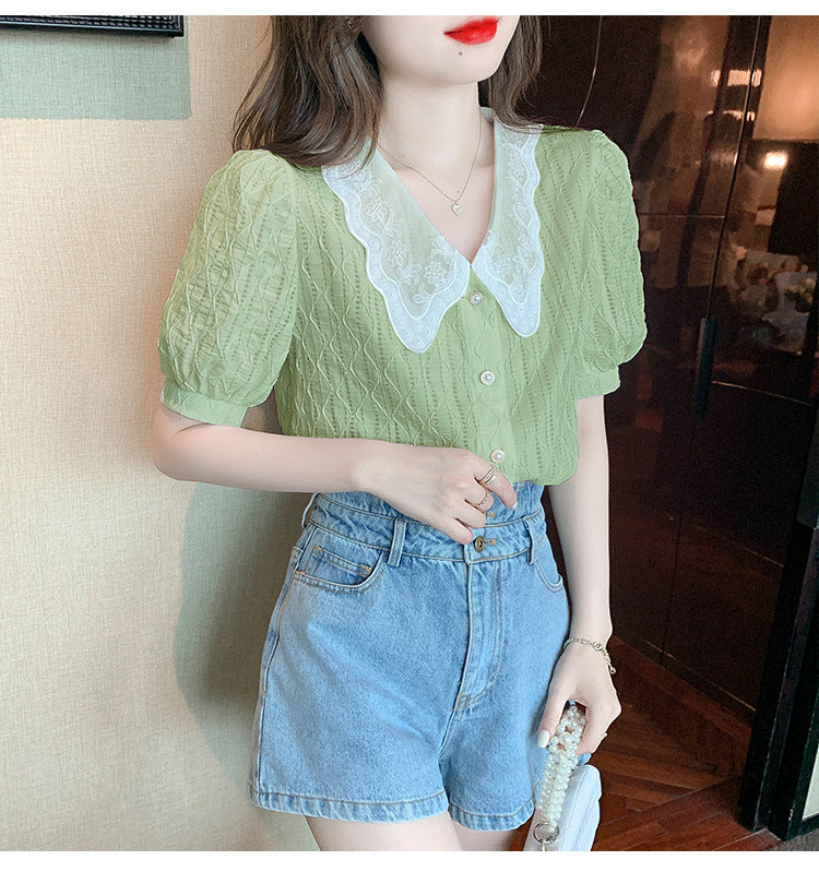 Wellesley Lace Vintage Neck Green Blouse