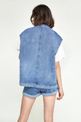 Steel Blue Collared Flap Pocket Button Front Denim Vest