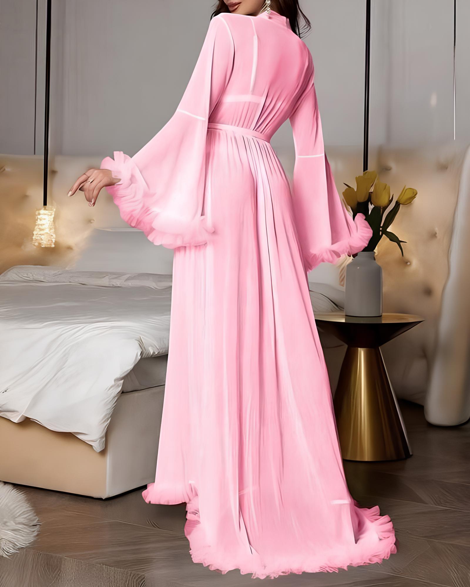 Sheer Mesh Ruffled Trim Flared Sleeves Long Robe